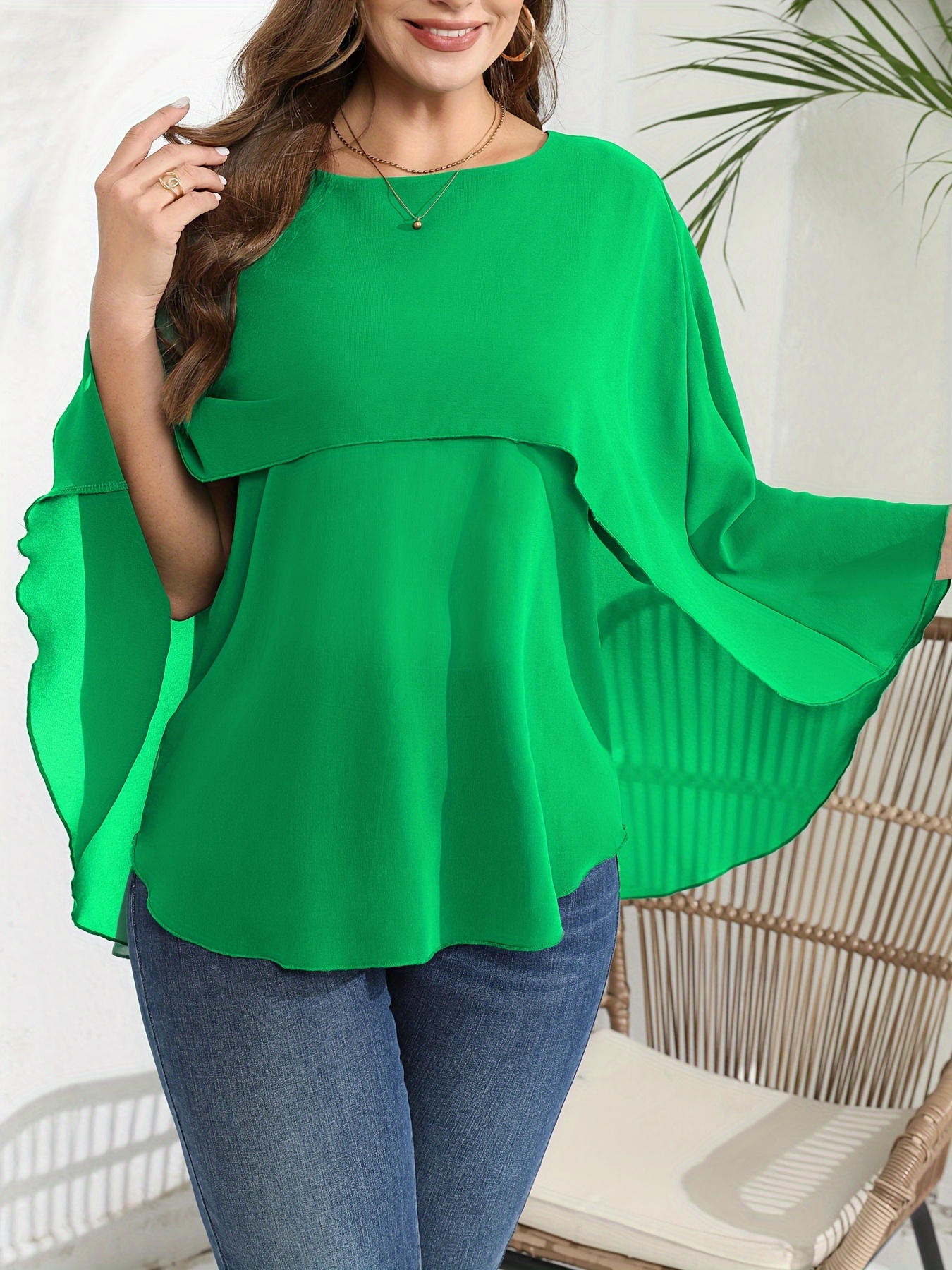 Plus Size Elegant Blouse Women's Plus Solid Layered Mesh - Temu Australia