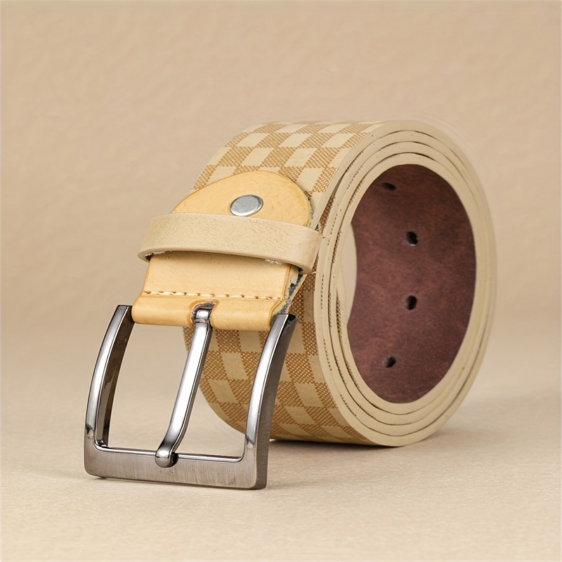 Men's Fashionable Khaki Small Square Print Pu Leather Belt - Temu Germany