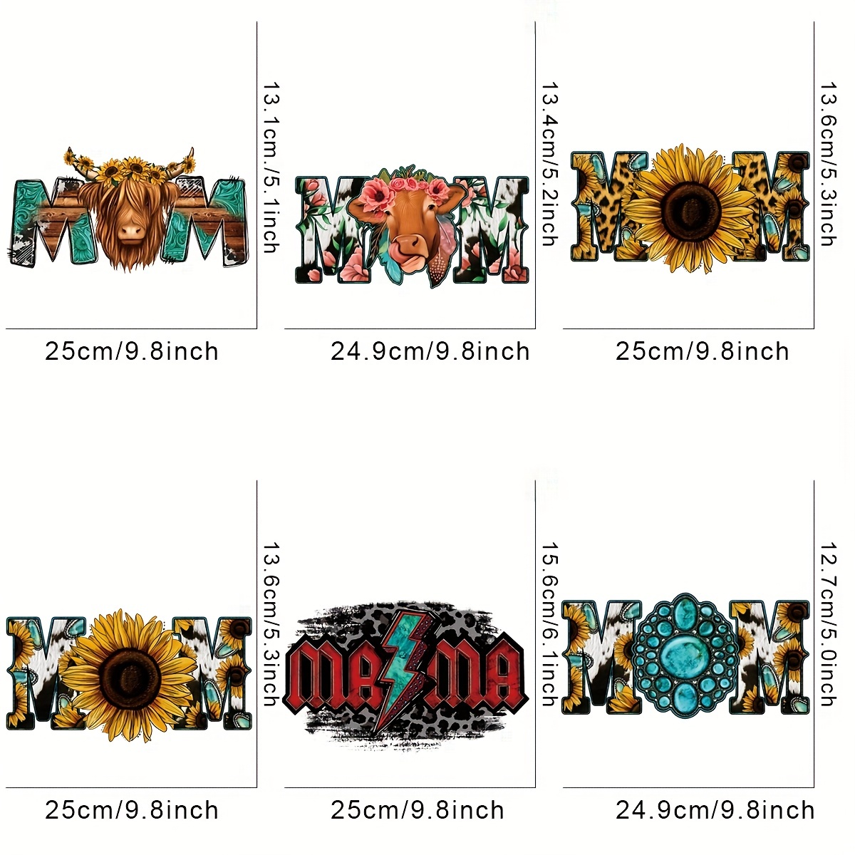 TEMU 6pcs/set Mom Designs Large Diy Iron On Dtf Transfers Stickers Washable Heat Transfer Designs Ready Press Decals Plastisol Patch For Diy Clothing