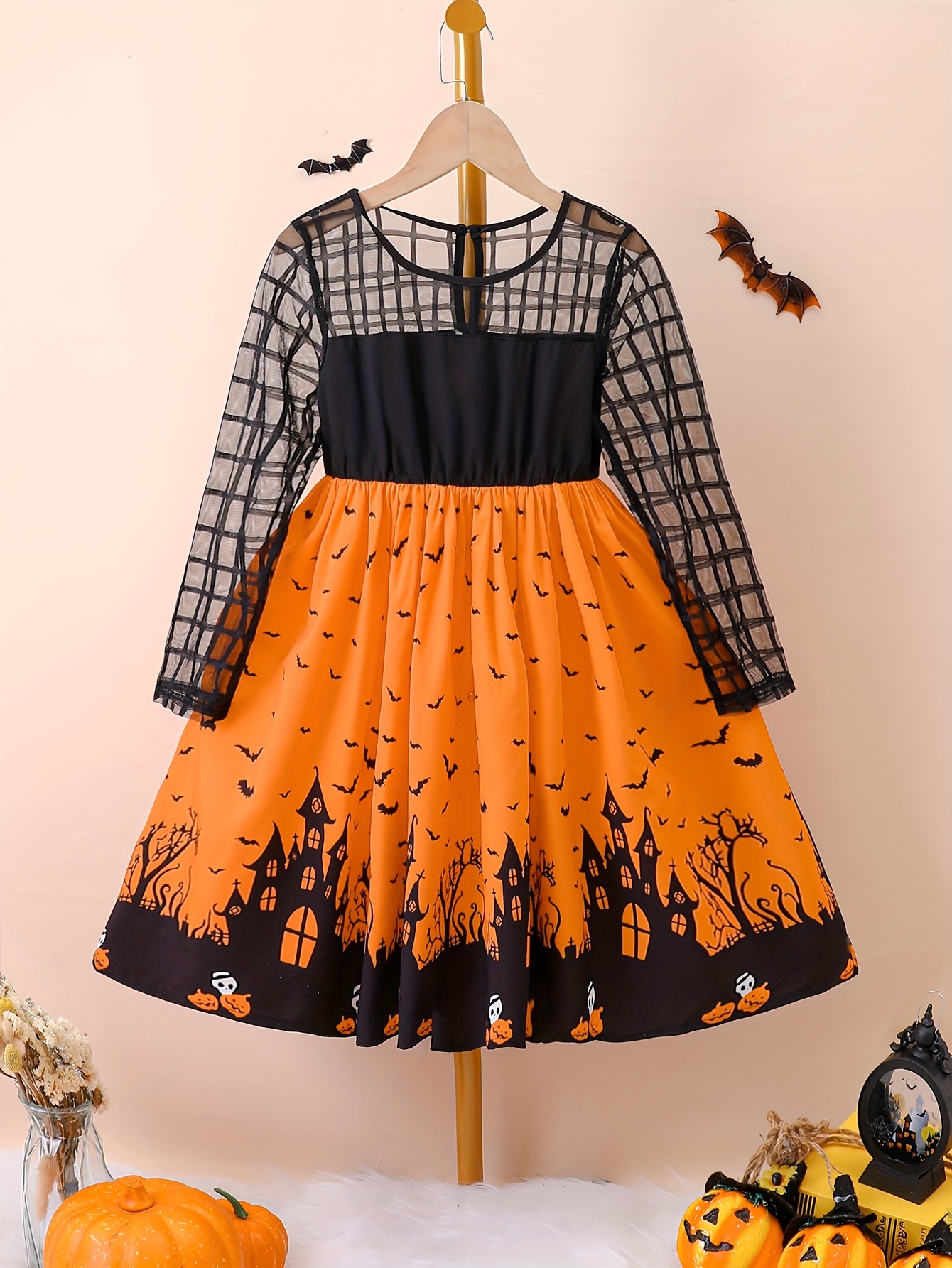 Girl Mesh Neckline Long Sleeve Splice Halloween Party Dress - Temu