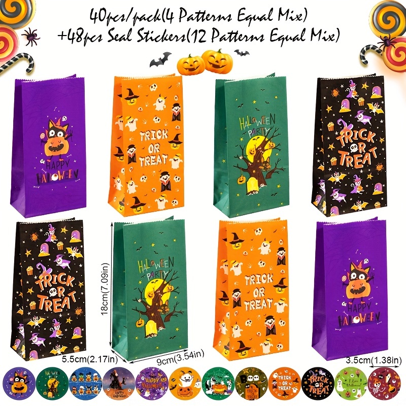 Image of 40pcs Halloween Paper Treat Bags With Stickers Trick Or Treat Gift Pouch Goodie Bags For Halloween Party Favor Decoration Diy Gift Wrapping Supplies
