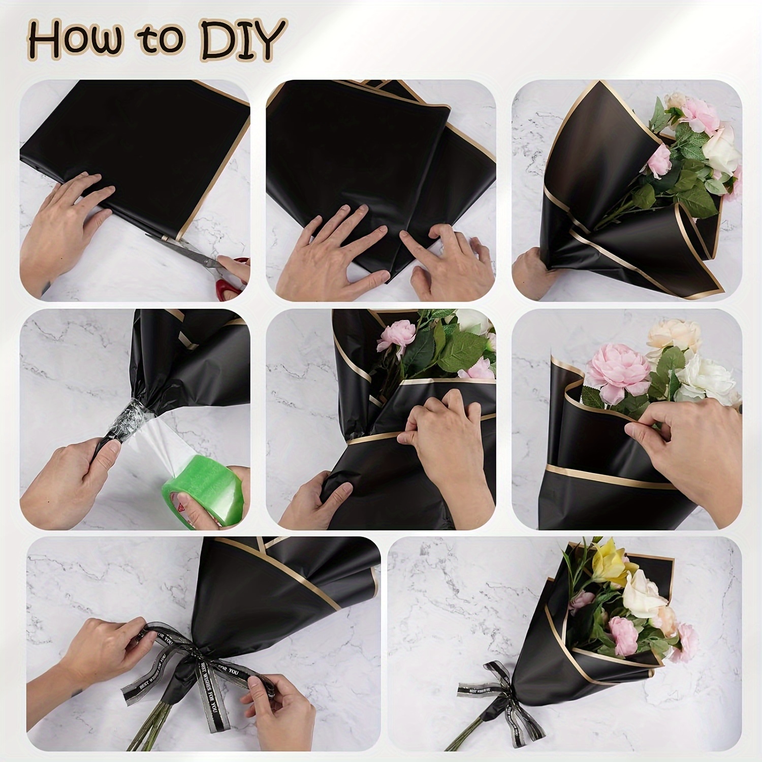 Kosotody 20 Sheets Flower Wrapping Paper Waterproof Florist Bouquet with Ribbon for Bouquets DIY Crafts Packaging Bouquet, 228x2, Black