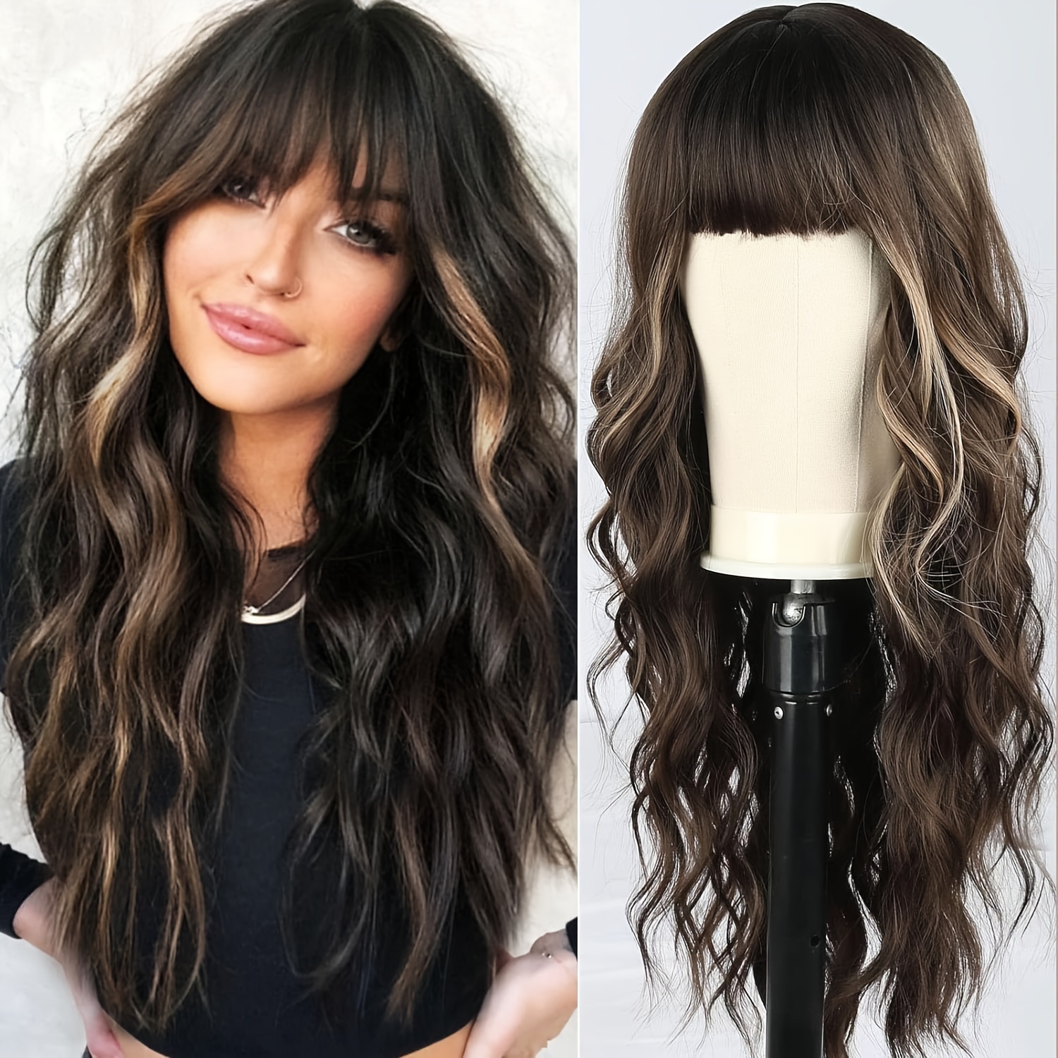 

Black Long Curly Wig With Straight Bangs, Matte High-temperature Fiber, Featuring A Breathable Cap.