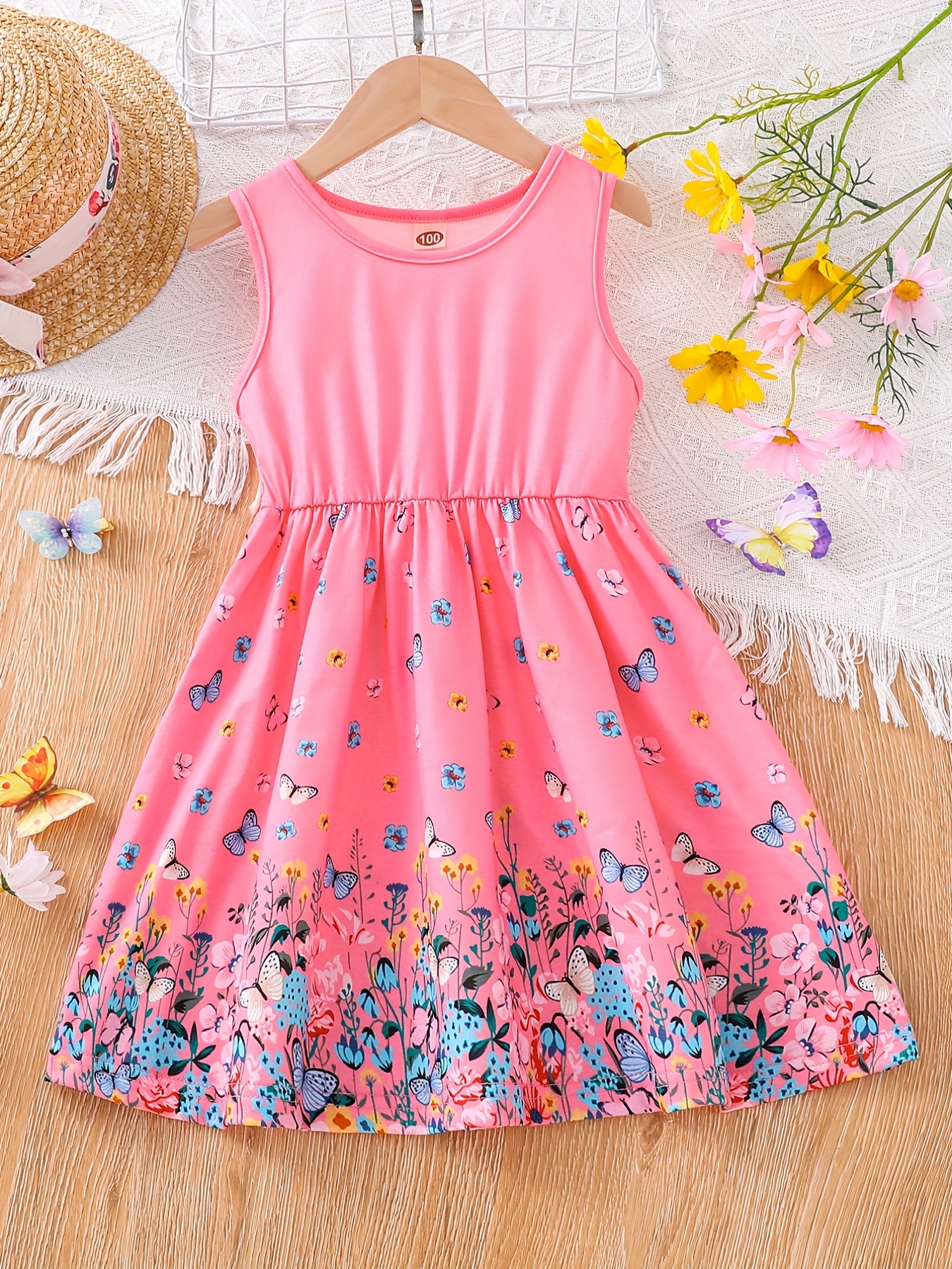 Toddler Girls Sleeveless Butterfly & Flowers Graphic Princess Dress For  Party Beach Vacation Kids Summer Clothes