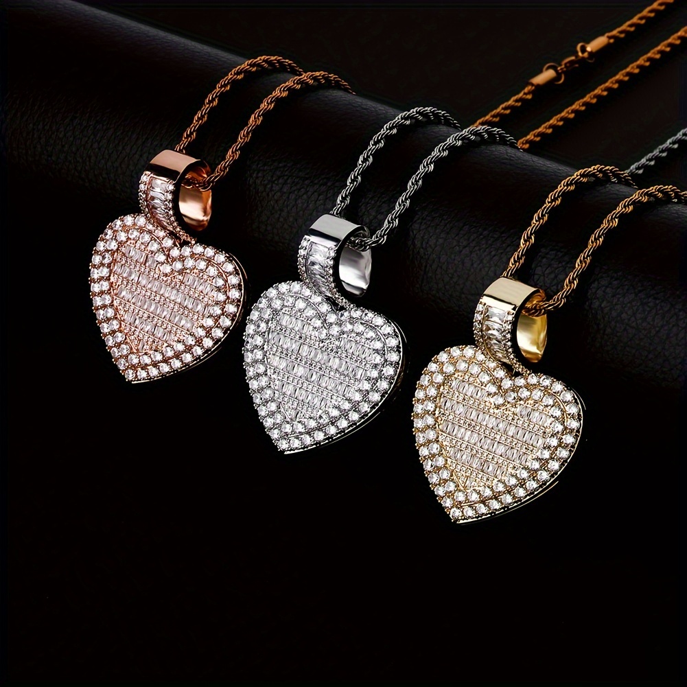 1pc iced out photo frame heart locket pendant with rope chain necklace accessories for men women