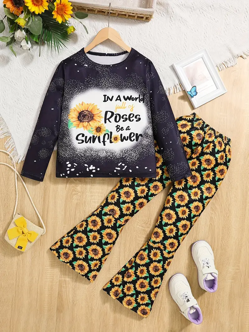 Girl's Sunflower Themed Outfit 2pcs, Long Sleeve Top & Flared Pants Set,  Kid's Clothes For Spring Fall