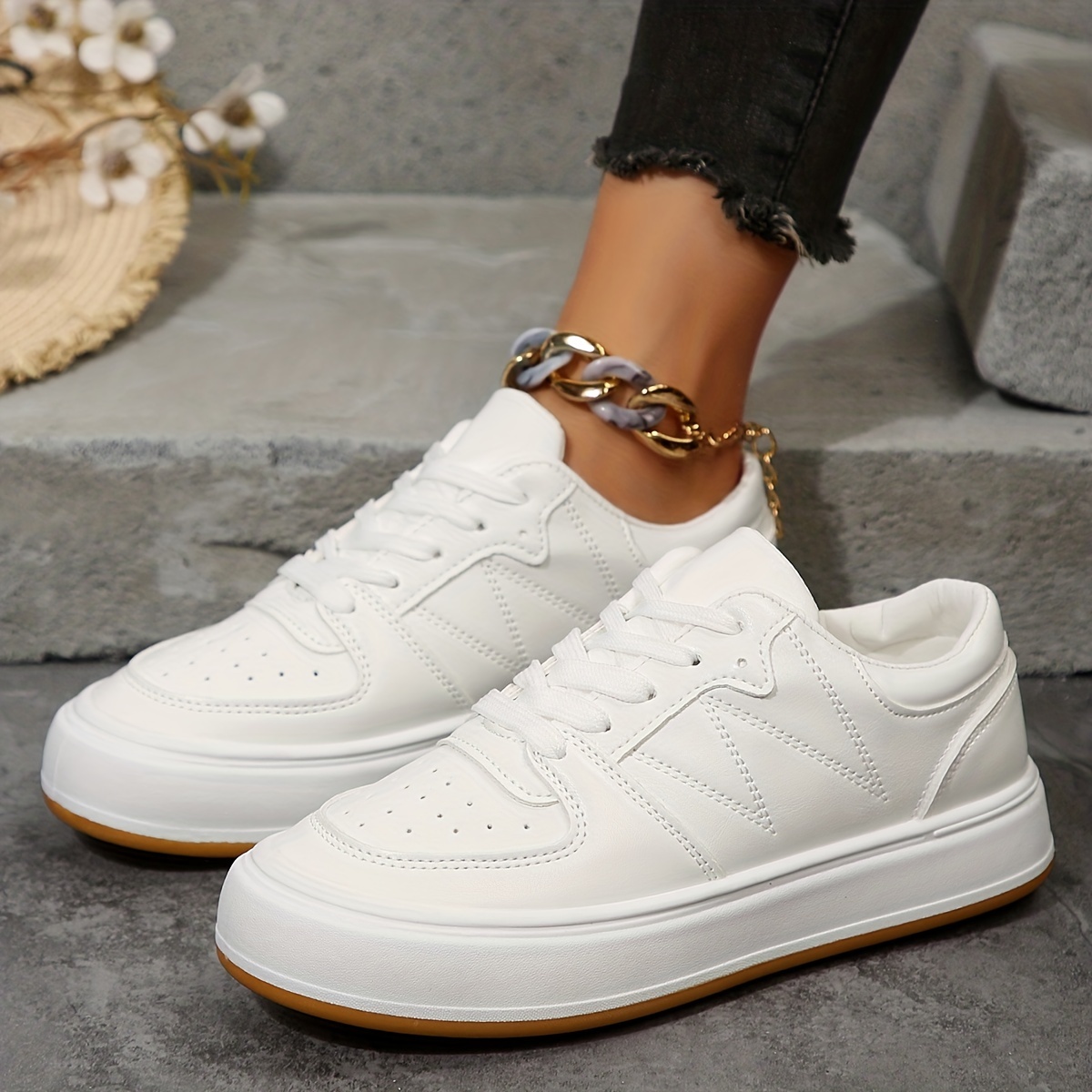 Solid Color Shoes, Women's Fashion White Casual Lace Up Low Top Lightweight,Temu