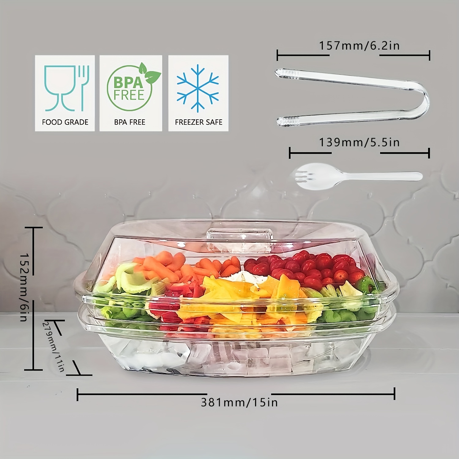 Salad Serve Bowl Iced Up Clip-on Dome Lid Chilled Fresh Fruit Vegetable  Picnic