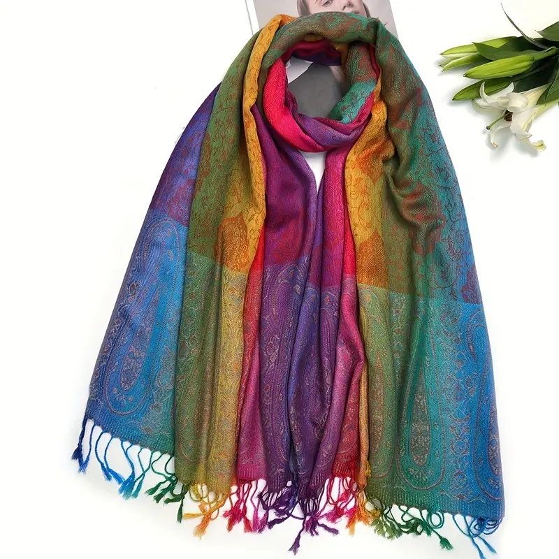 classic paisley jacquard scarf color block tassel shawl windproof beach towel casual head wrap details 5