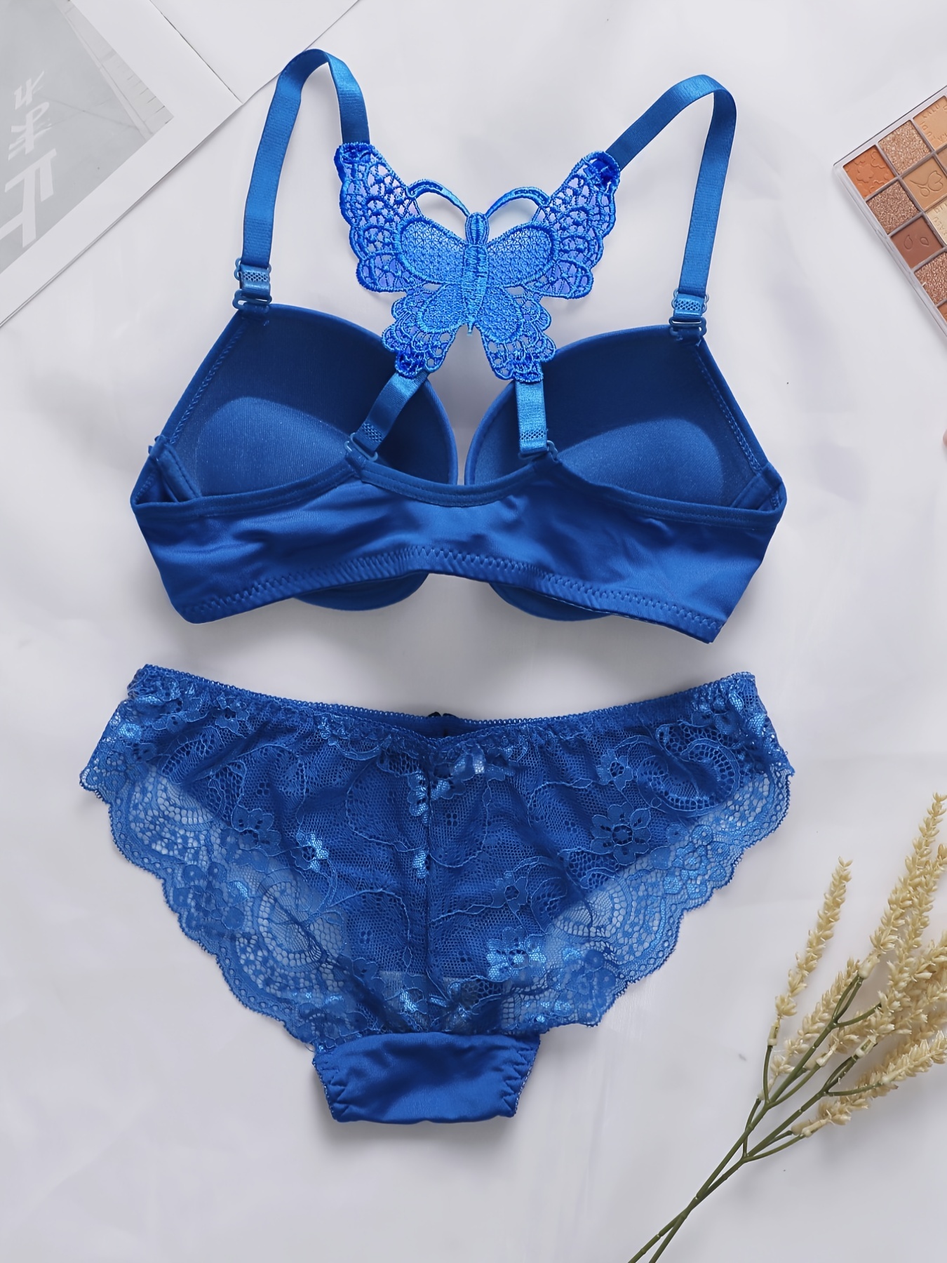 Blue/Cream lace underwire push-up Bra/Panty set- satin bow detail