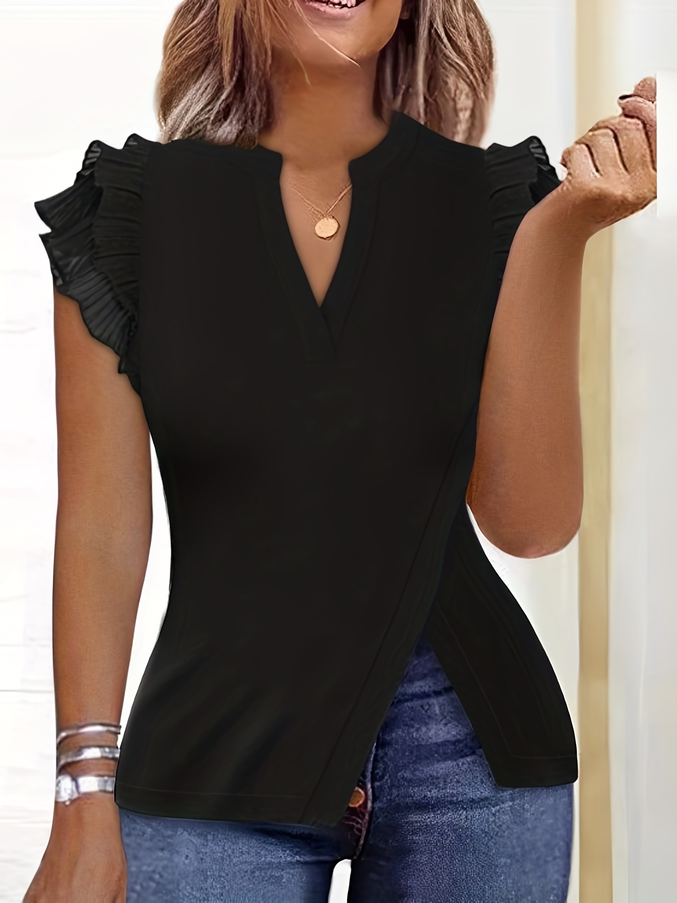 XFLWAM Womens Summer Tops V Neck Puff Short Sleeve Shirts Solid