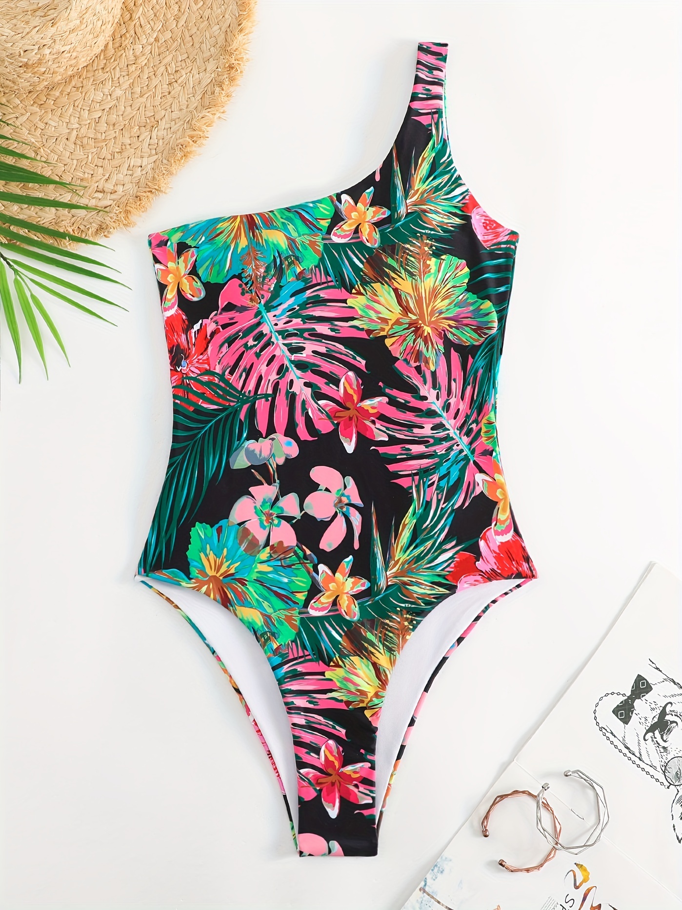 Tropical Floral Leaf Print One Shoulder Swimsuit - Temu Canada