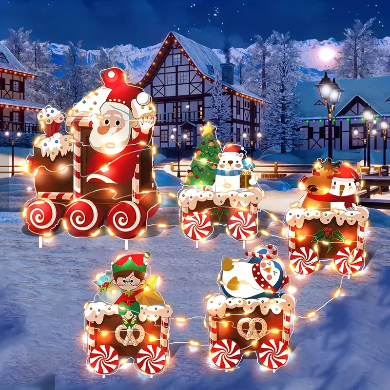 5pcs christmas train station sign with led light christmas tree christmas elf snowman train collection lawn floor insert decoration holiday christmas lawn garden yard decoration without battery details 0