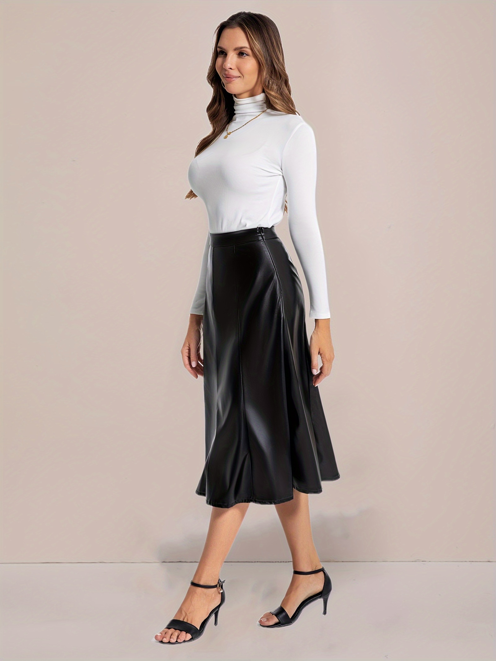 Faux Leather High-Waist A-Line Midi Skirt