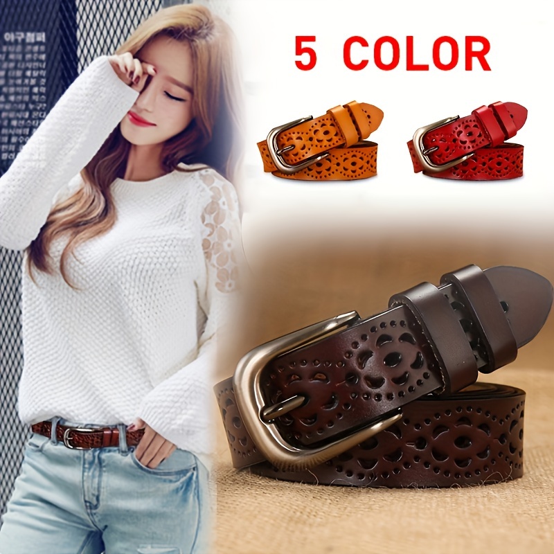 

Boho Flower Hollow Out Belts Classic Solid Color Pu Leather Belt For Women Casual Jeans Pants Waistband