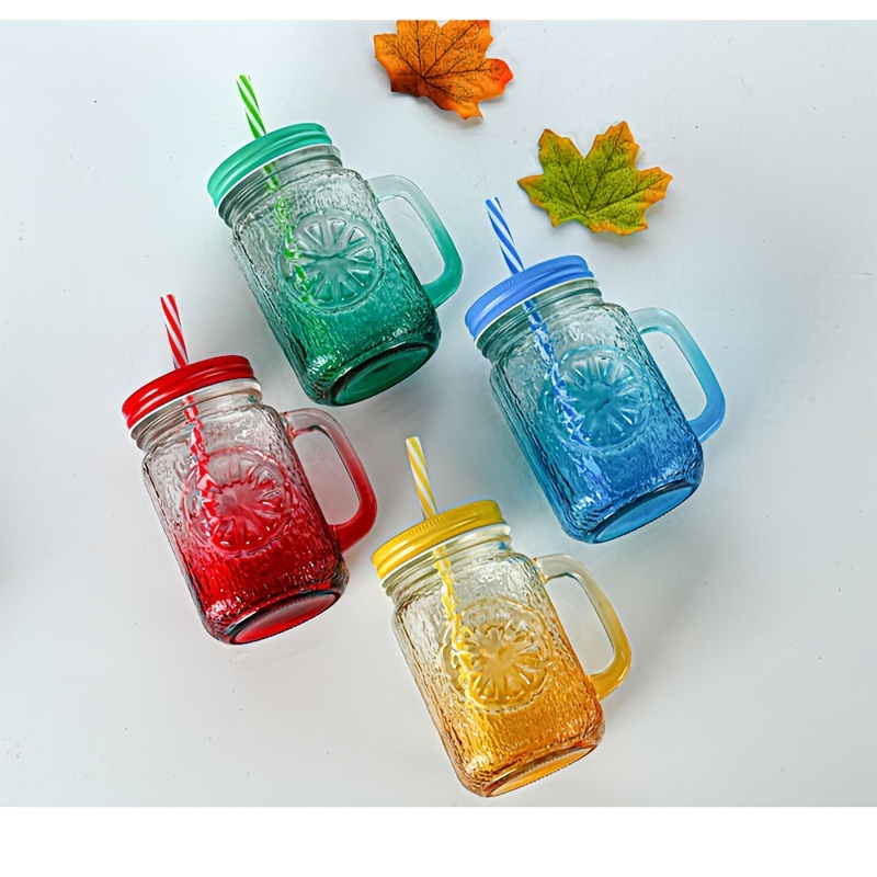 1pc, Glass Tumbler With Lid And Straw, Clear Water Cup With Handle, Mason  Jar, Iced Coffee Cups, Drinking Cups, Summer Winter Drinkware