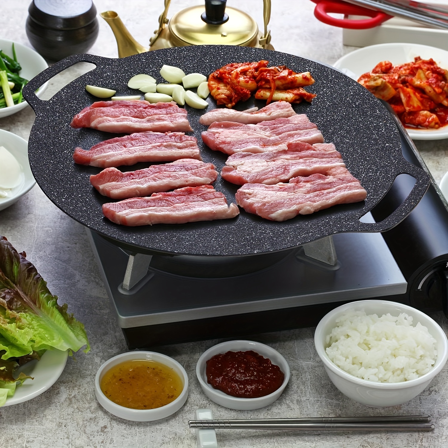 Korean BBQ Grill Pan, Korean Round Griddle Dual Handle