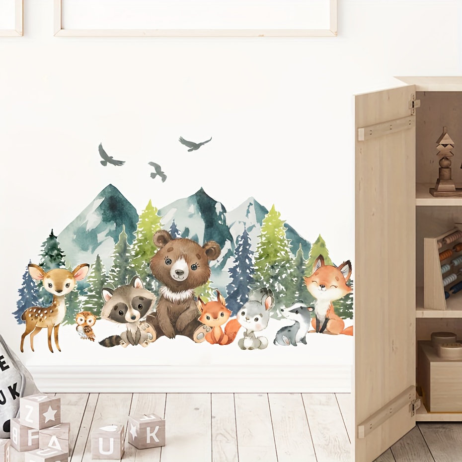 Image of 1pc Woodland Animals Vinyl Wall Sticker - Self-adhesive Removable Decals With Bear, Fox, Rabbit, Deer & Raccoon Forest Creatures - & Stick Wallpaper