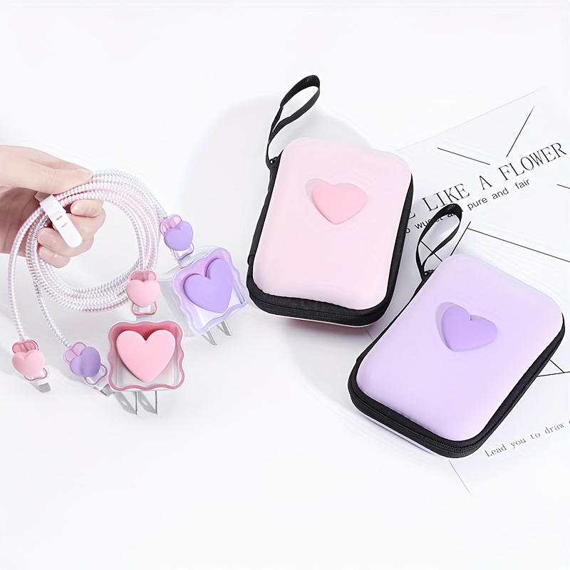 

6pcs/set Data Cable Protective Sleeves, Eva Data Cable Storage Bag, Heart-shaped Wire Winder, Data Cable Tpu Wall Charger Protective Case, Suitable For Phone 20w Fast Charging Data Cable