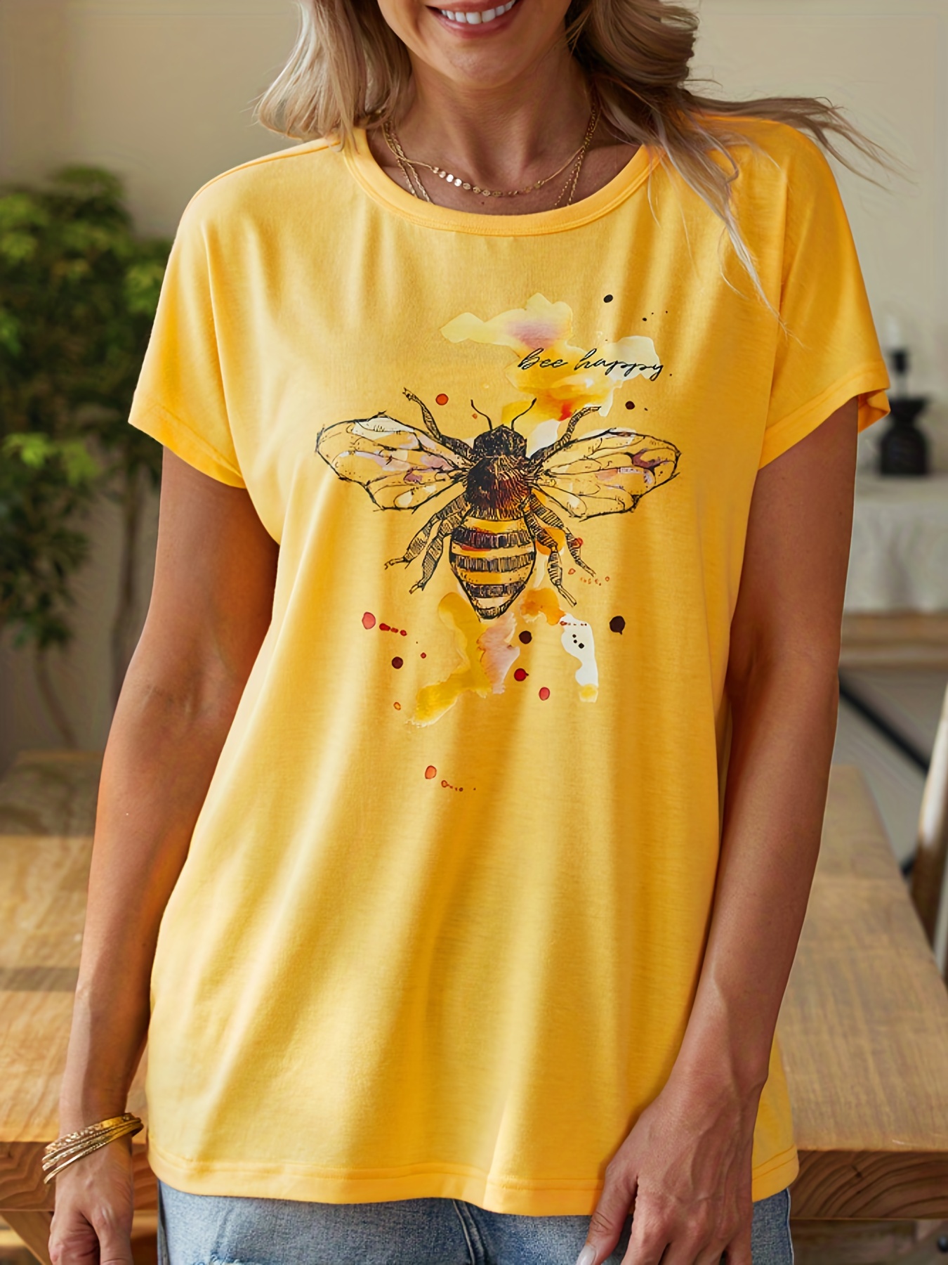 Damen Bienen Print Rundhals - Shirt Temu T Germany locker lässiges
