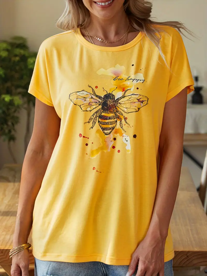 Damen Bienen Print Rundhals T Shirt lässiges locker - Temu Germany