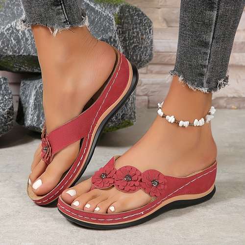Women's Flowers Flip Flops, Solid Color Slip On Summer Slide Shoes, Casual Outdoor Beach Slides