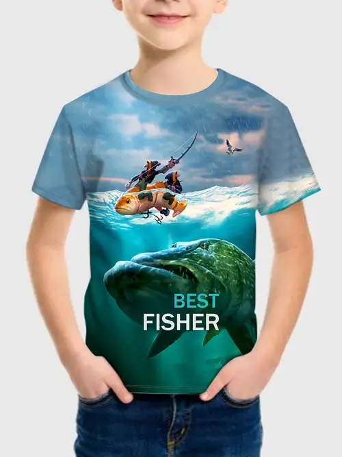 Boy's Fishing Print Cool T shirt Clothing Casual Round Neck - Temu