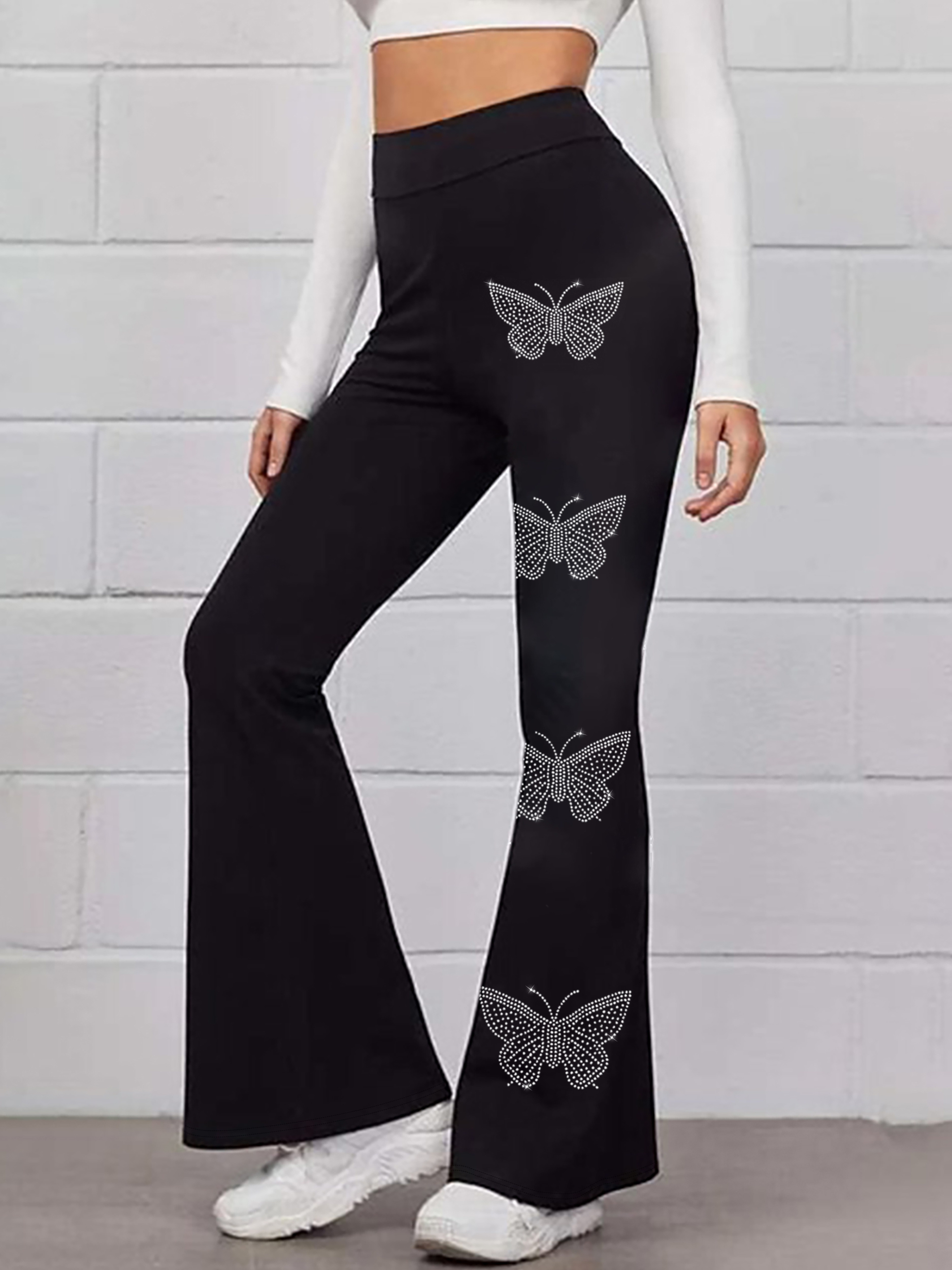 Plus Size Butterfly Pattern Flare Leg Pants, Casual Rhinestone Decor High  Waist Pants, Women's Plus Size Clothing