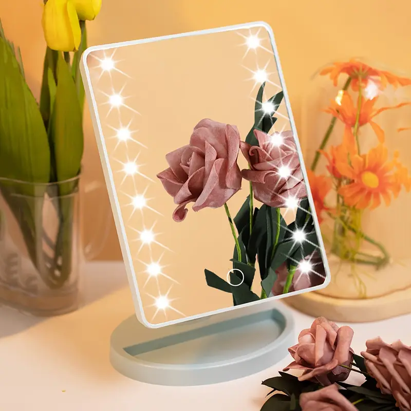 1st led verlichte make-up spiegel met touch dimmer voor schakelaar, 16 leds, draaibaar, werkt op batterij/usb - draagbaar, wit ontwerp voor slaapkamer & badkamer gebruik details 7
