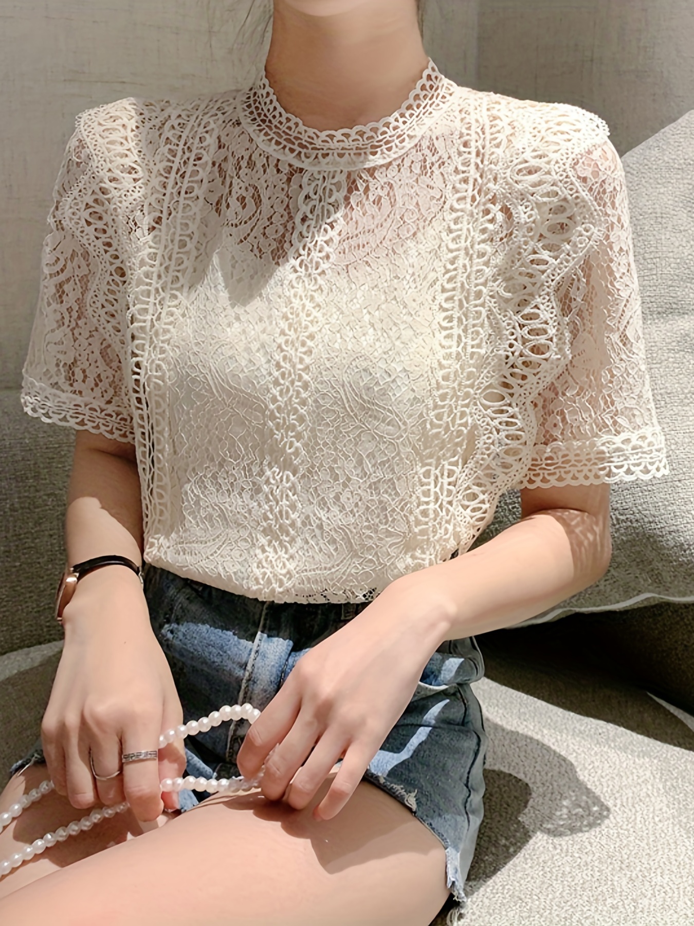 Look White Sheer Lace Top with Cami Floral Embroidered Short Sleeve