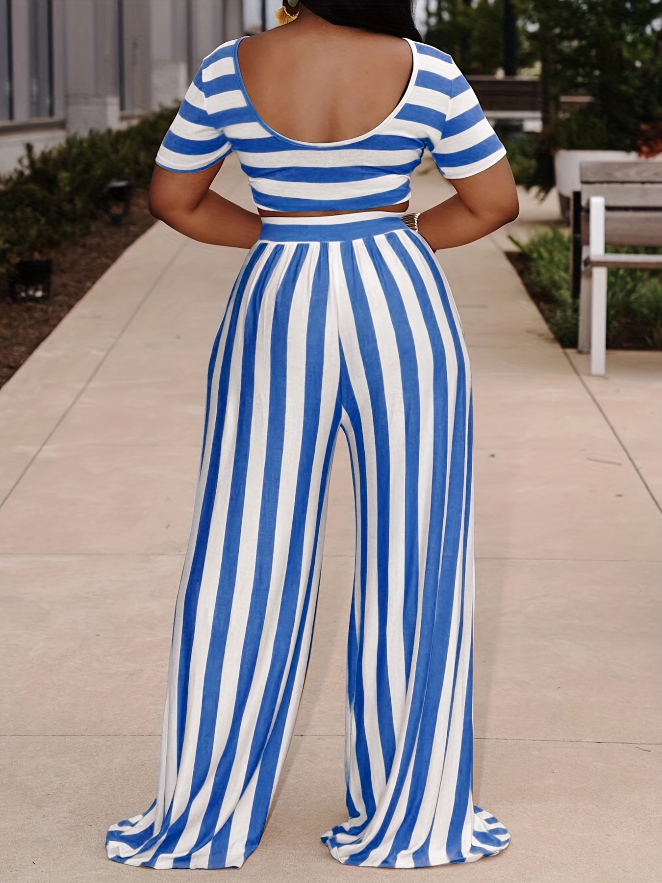 Women's Fashion Crop Top Stripe Wide-leg Pants Two-piece Set Casual Summer