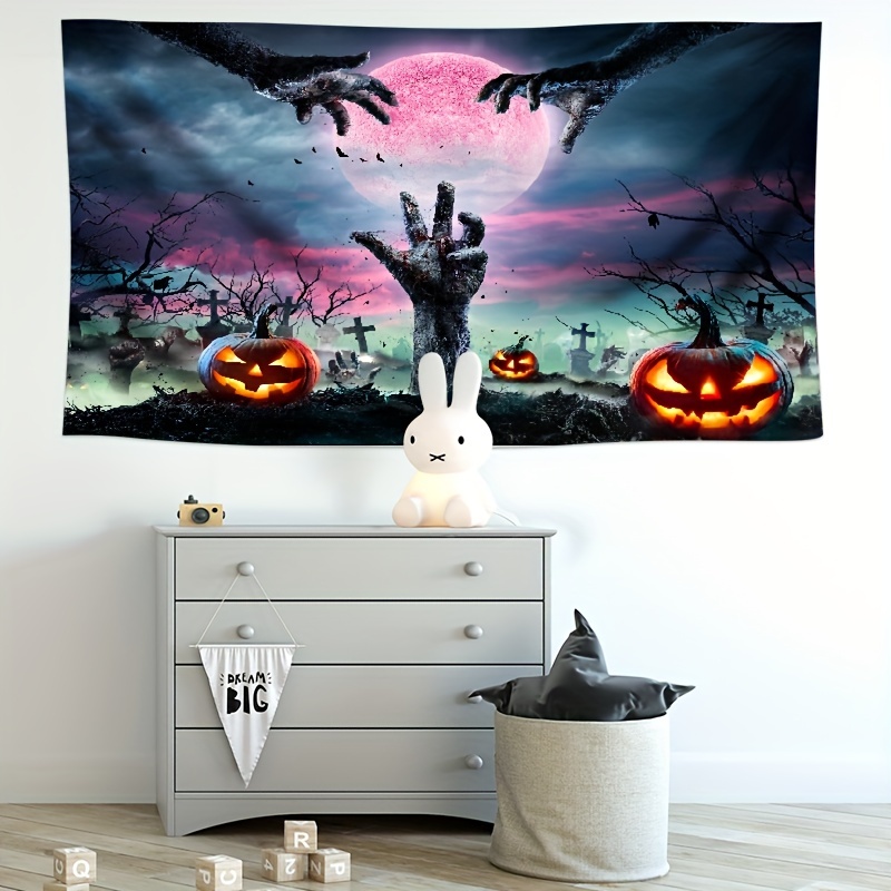 halloween scene of tomb with hands and carving pumpkins scary magical background halloween theme tapestry for home decor details 9