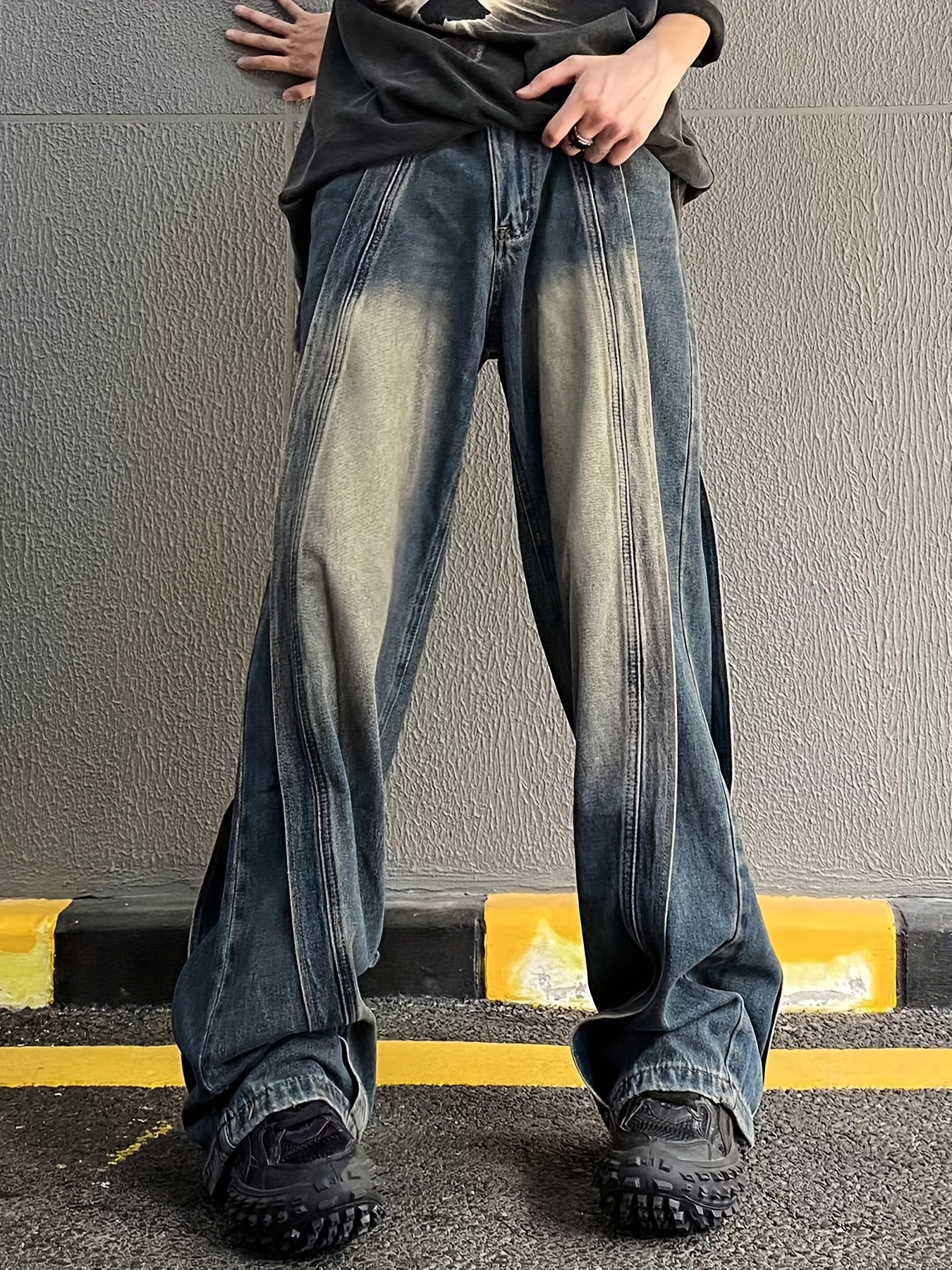 Loose Fit Wide Leg Jeans Men's Casual Distressed Denim Pants - Temu Canada