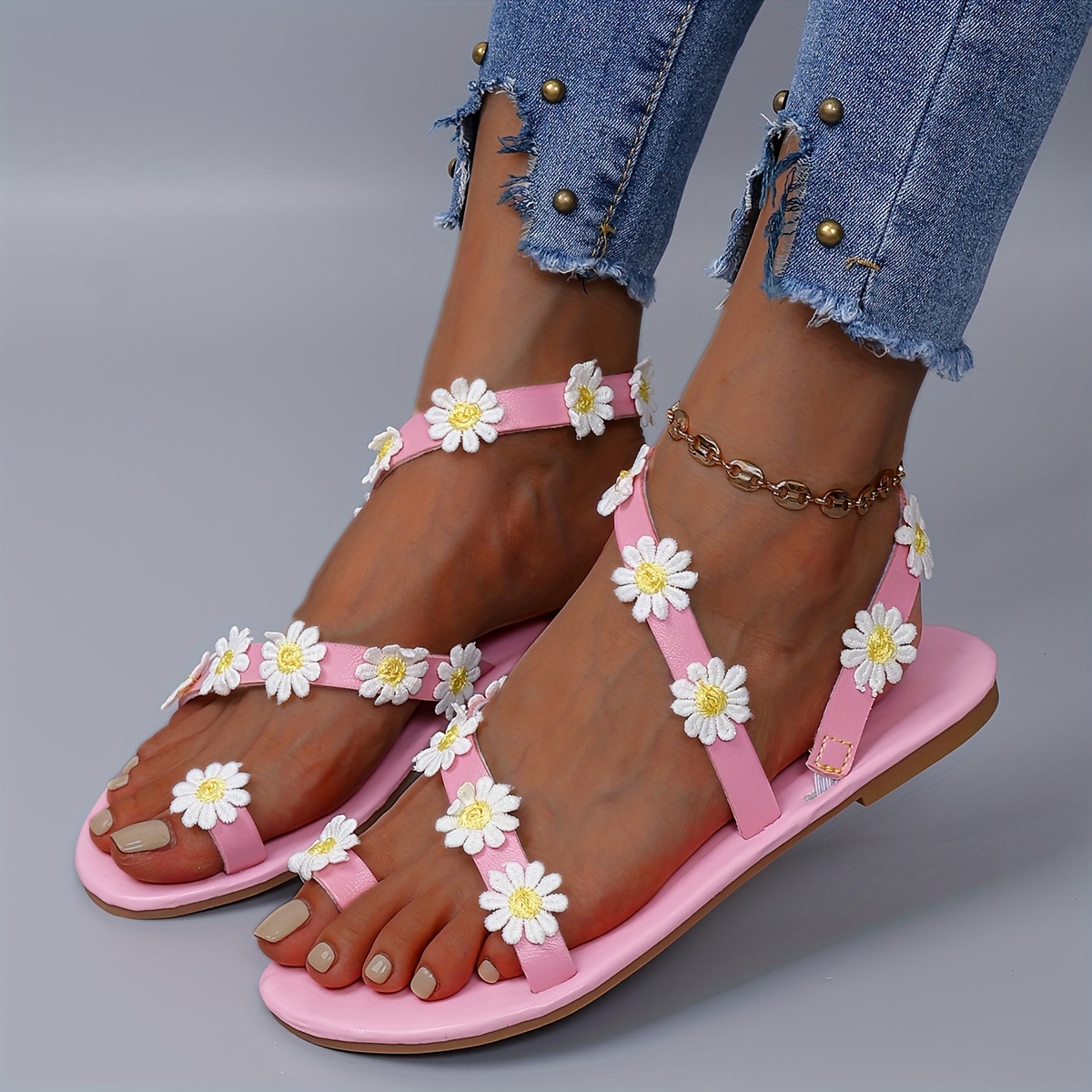 womens daisy flower flat sandals boho style toe loop slip - Temu