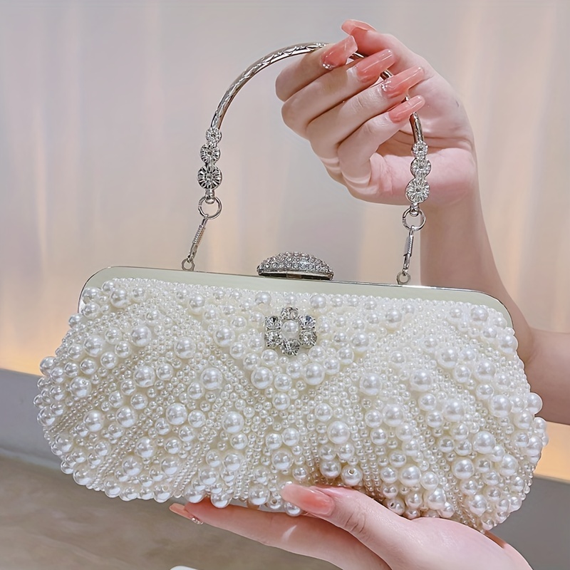 Flower Pearl Women's Handbag Fashion Designer Clutch Evening Bag Bead  Pearls Top Handle Bag Tote Busket Cage Shape Party Bag