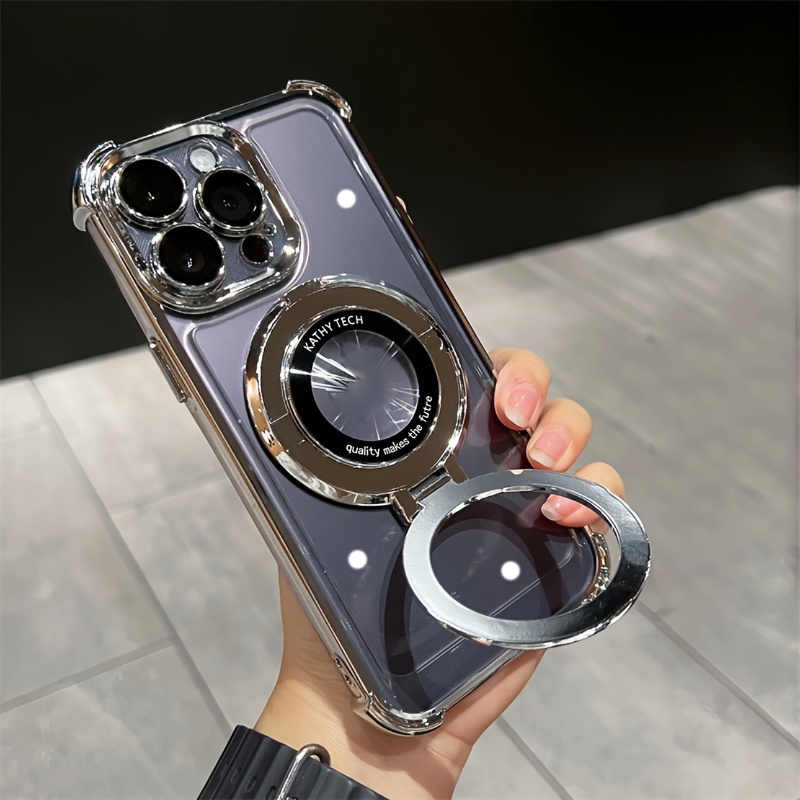 

Luxury Plating Shockproof Magnetic Bracket Clear Phone Case For Iphone 14/ 13/ 12/ 11/ 15 Pro Max/ 15plus Ring Holder Kickstand Transparent With Lens Protective Cover