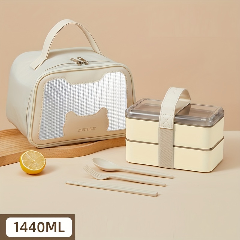 1 Set 1440ml Microwave Safe Plastic Lunch Box With Bag, Cutlery