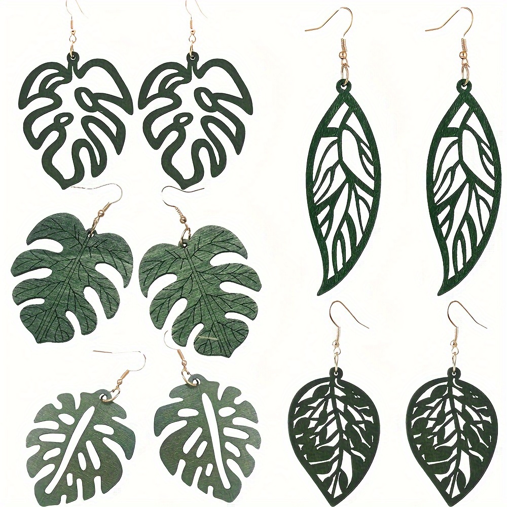 

5 Paires/1 Ensemble de Boucles d'Oreilles Pendentif Feuille Verte en Bois Style Bohémien