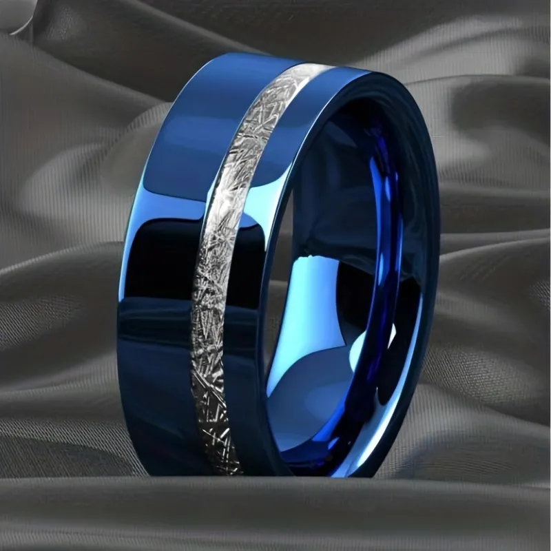 1pc Fashionable And Simple Stainless Steel Ring With Blue Fluted Silver Flake For Engagement Wedding For Men