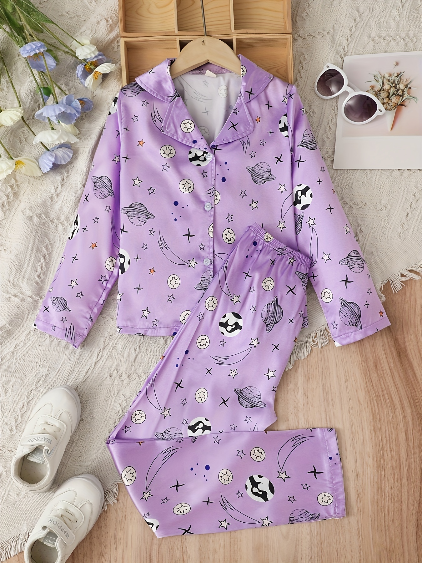 Floral Print Light Purple Pajamas Set Long Sleeve Blouse Top - Temu Canada