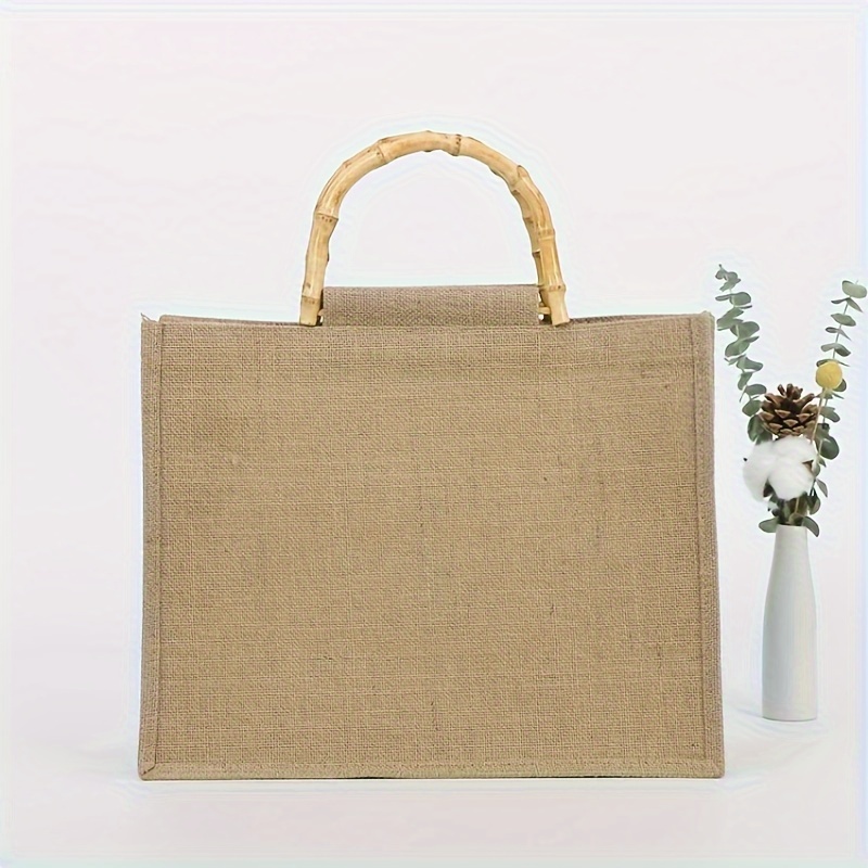 

Jute Burlap Tote Bag With Bamboo Handle, Large Capacity Shopping Bag, Fashion Handbag For Wedding Party Beach