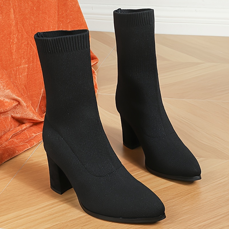 Calf Boots Knitted Sock Boot Block Heel Chic Women's Stretch Knit
