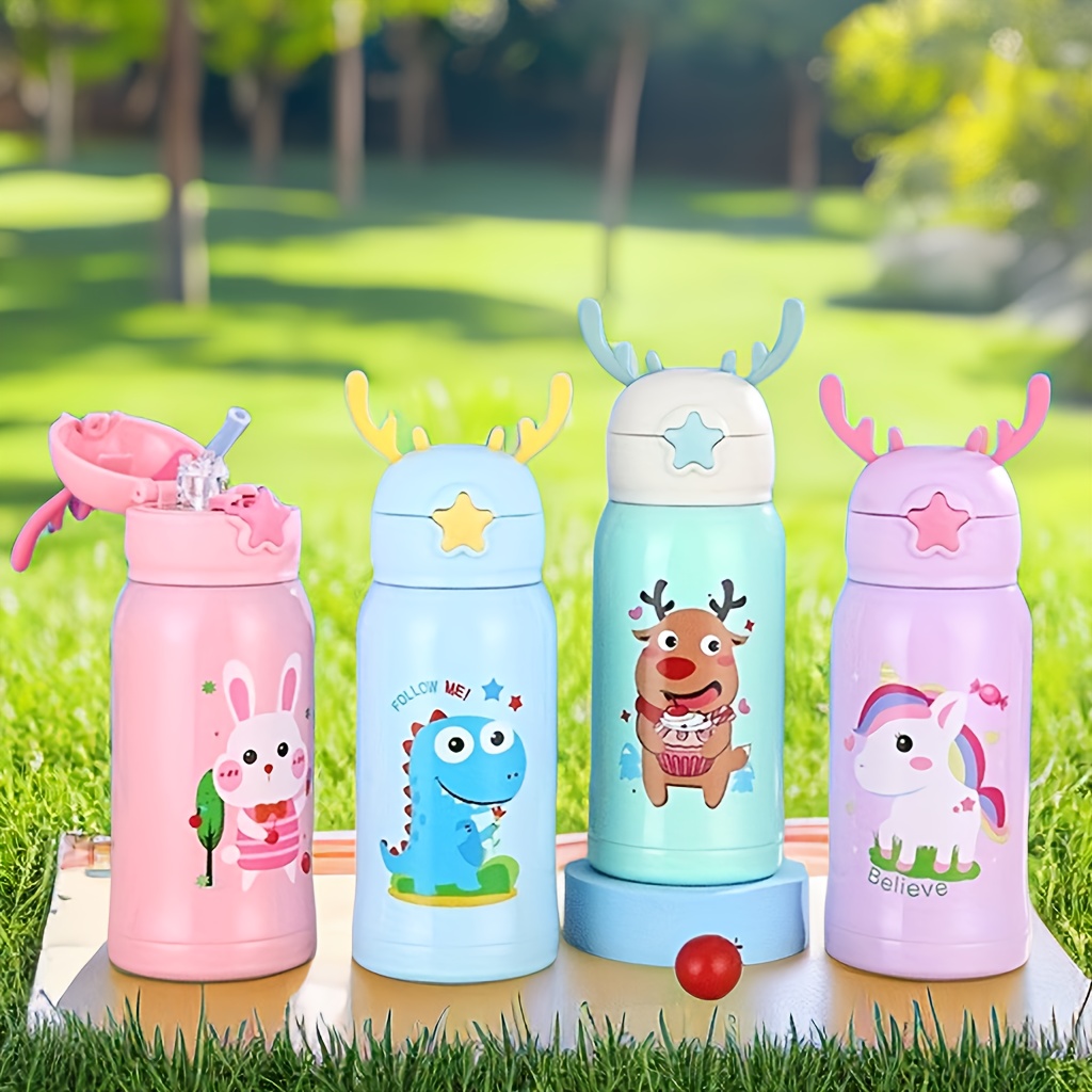 Kawaii Thermos Water Bottle Cute Antlers Children's Straw Stainless Steel  Student Kindergarten Baby Water Cup Cartoon Kids