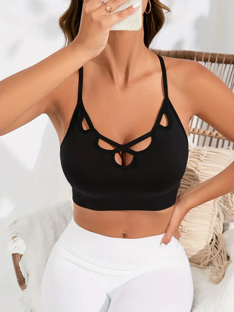 Solid Color Criss Cross Front Sports Bra Fashion Hollow Yoga - Temu