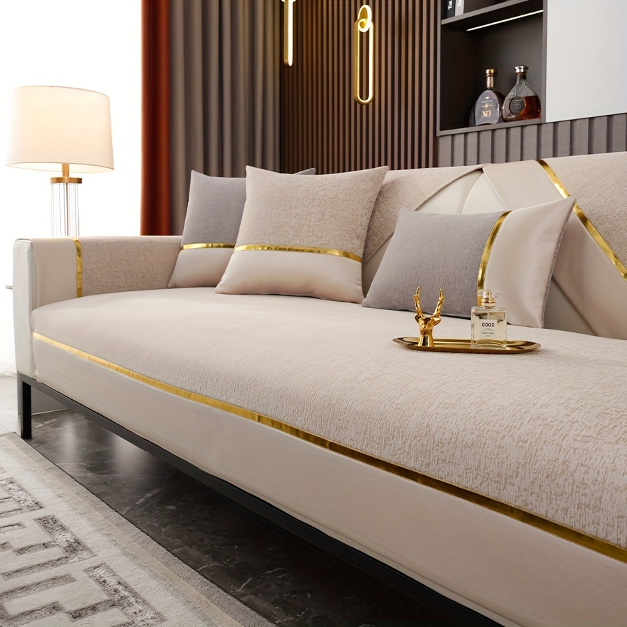 Image of 1pc High-end Chenille Sofa With Golden Edges, Solid Color Nordic Style Sofa Cover, Anti-slip Chaise Lounge Backrest Armrest Cover For Living Room And Bedroom Sofa Decoration