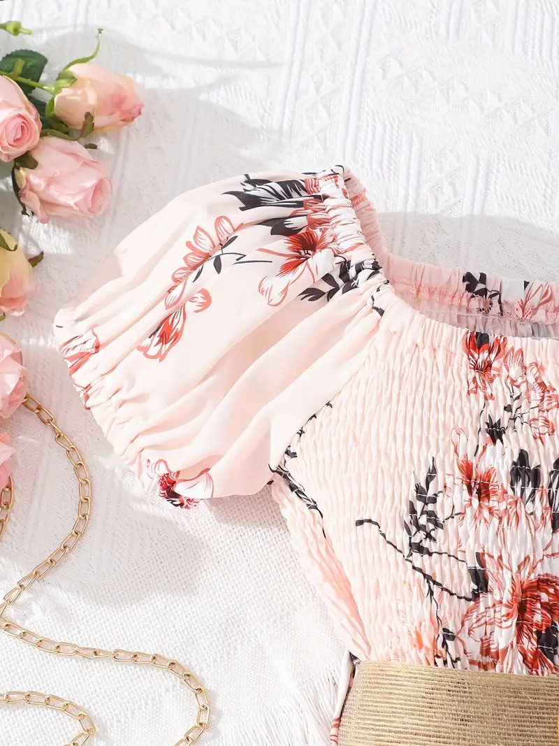 girls floral print shirred short sleeve casual dress belt for summer details 26