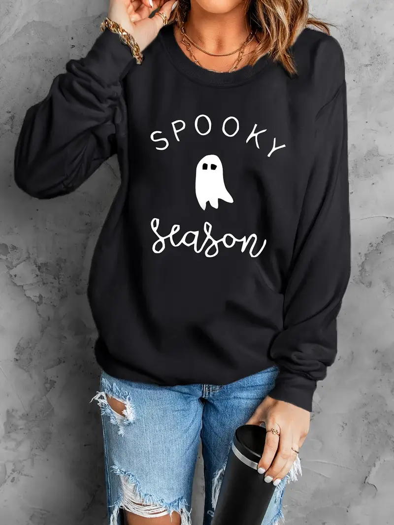 halloween ghost print sweatshirt casual long sleeve crew neck sweatshirt womens clothing details 3