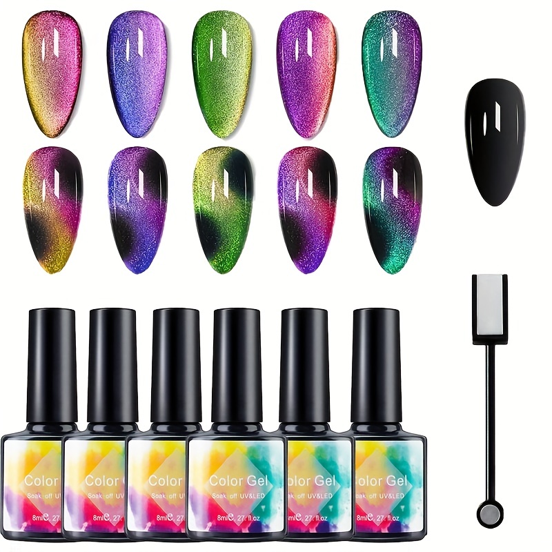 

6 Colors Starry Sky Effect Magnetic Gel Polish Set With Soak Off Uv Led Cat Eye Gel Polish Manicure Nail Art Kit - Magnetic Stick Included