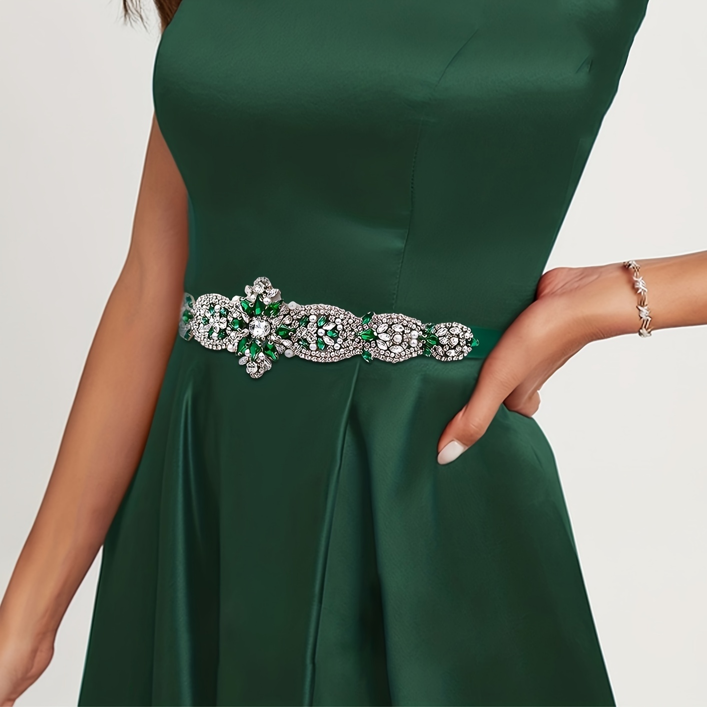 Colorful Crystal Imitation Pearl Belt Simple Stylish Green - Temu
