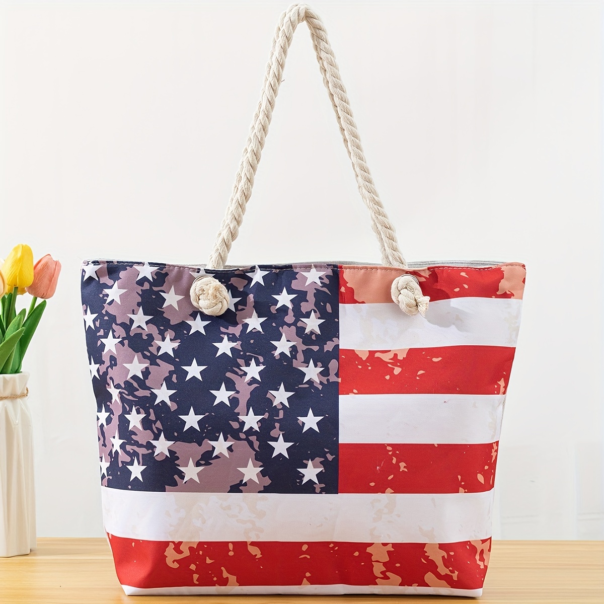

Patriotic Usa Flag Tote Bag - Large Capacity Beach Shoulder Bag For Women